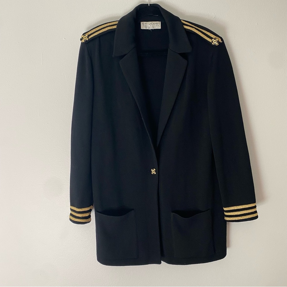 Vintage St. John Marie Gray Black Santana Knit Captian’s Cardigan Nautical XL